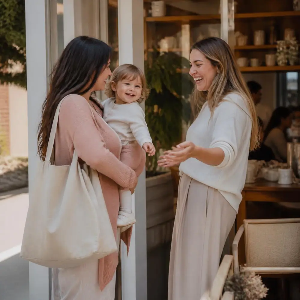 Two mothers greeting each other outside a family-friendly café